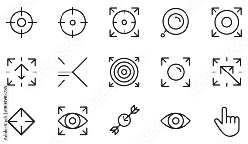 Digital interface icons showing search, aim, movement and interactive elements