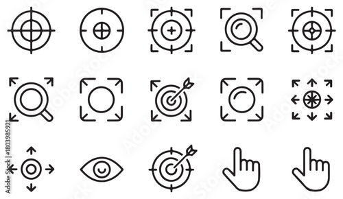 Line icons of focus, zoom, and cursor controls for UI navigation and digital targeting