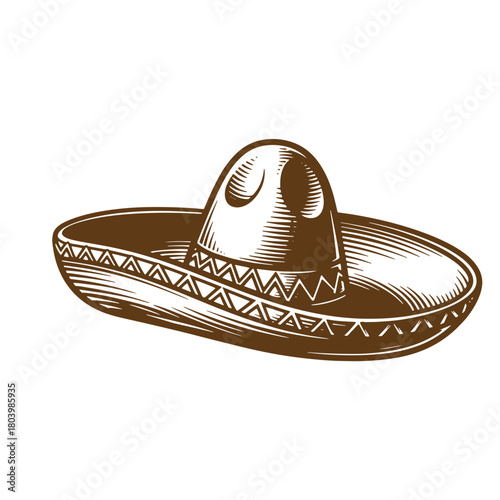 Vintage brown sketch illustration of a traditional mexican sombrero hat isolated on white