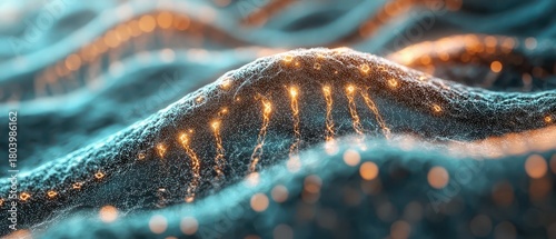 Abstract microscopic cell structure with glowing genetic material in motion and vibrant light particles on a dark background representing biotechnology.