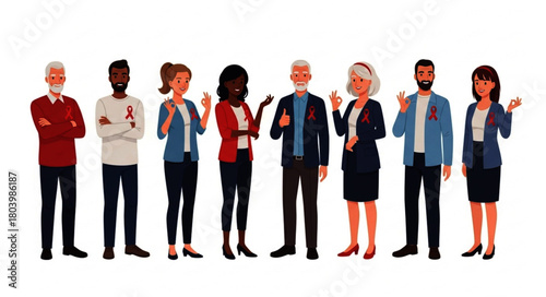 Diverse Group of People Supporting AIDS Awareness with Red Ribbon Pins