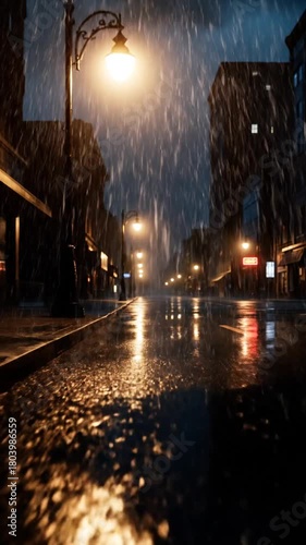 Rainy city street scene at night with illuminated street lights reflecting water