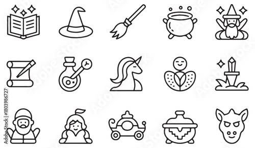 Line icons of fairy tale elements such as witch hat, cauldron, sword and treasure chest