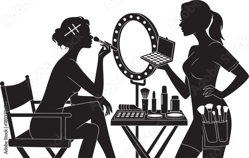 Woman sitting at vanity table doing own makeup with brush looking in illuminated mirror