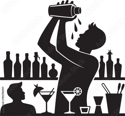 Bartender preparing cocktail drink pouring liquid from shaker behind counter silhouette illustration