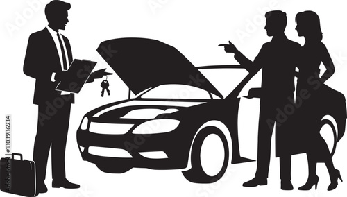 Car salesman talking to couple inspecting vehicle with hood open keys and clipboard silhouette vector