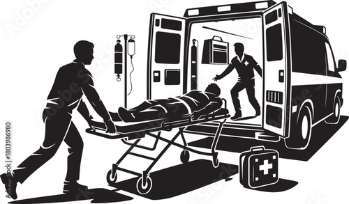 Emergency medical technicians transporting critically injured patient to ambulance for hospital treatment quickly