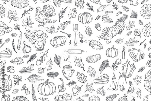 Thanksgiving seamless pattern with monochrome doodles on for wallpaper, wrapping paper, textile prints, kitchen towels, scrapbooking, packaging, etc. 