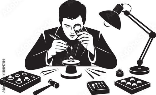 Professional jeweler crafting delicate ring using specialized tools and magnifying glass for precision work art