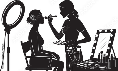 Professional makeup artist applies cosmetic products to client face with brush in beauty salon