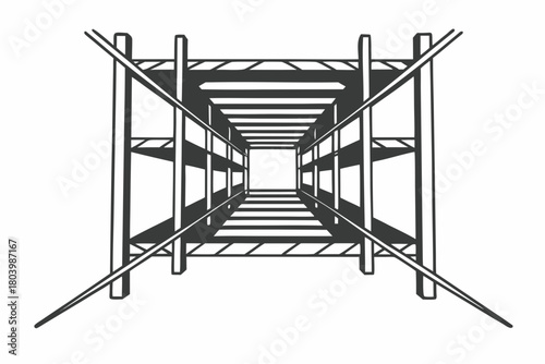 Minimilist a perspective view of a long metal shelving unit with multiple shelves and cross bracing elements vector