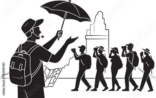 Professional tour guide providing commentary leading travelers group walking during historical city sightseeing exploration trip