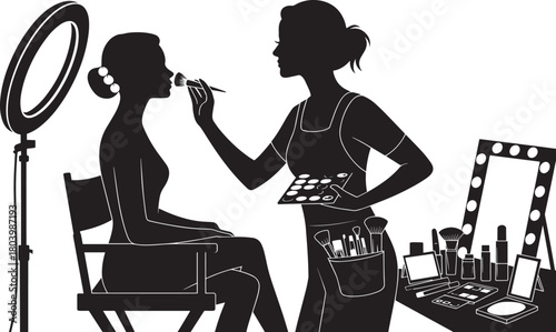 Professional makeup artist applying cosmetic product to client face with brush in salon studio