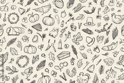 Thanksgiving seamless pattern with monochrome doodles on for wallpaper, wrapping paper, textile prints, kitchen towels, scrapbooking, packaging, etc., food, vector, sketch, illustration, doodle, set, 