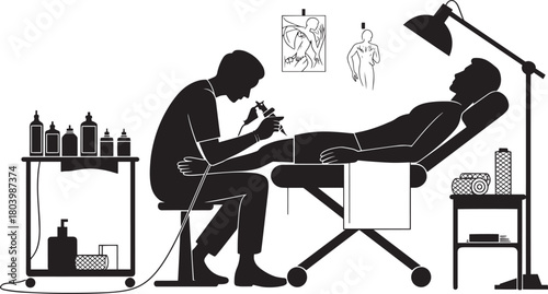 Tattoo artist creating permanent body art design on customer leg client lying on procedure couch in professional studio