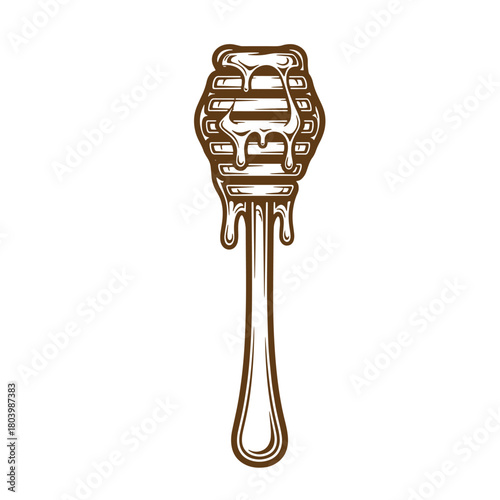 Vintage sketch art illustration of a honey dipper dripping with fresh honey