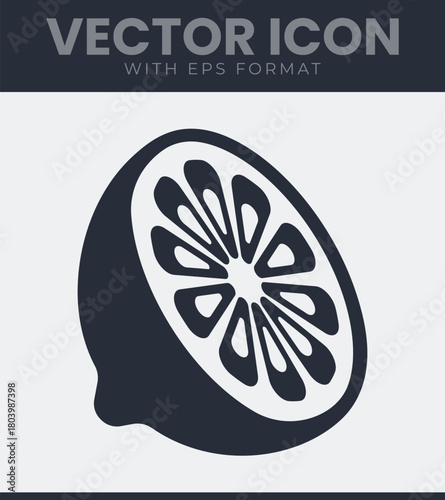 Abstract vector icon of a sliced lemon, half fruit with internal segments, minimalist citrus graphic design element for healthy food illustration