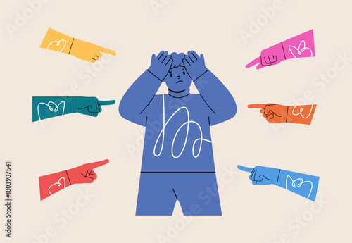 Boy standing out against discrimination and intimidation. Colorful vector illustration