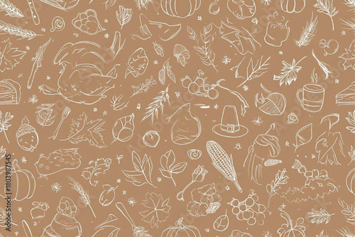 Thanksgiving seamless pattern with monochrome doodles on for wallpaper, wrapping paper, textile prints, kitchen towels, scrapbooking, packaging, etc., food, vector, sketch, illustration, doodle, set, 