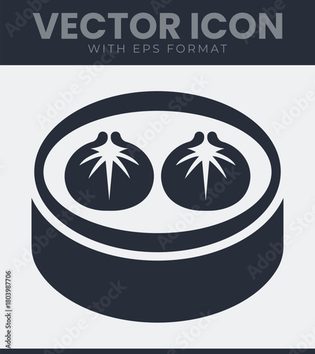 Stylized vector icon of two traditional asian dumplings, likely dim sum or bao, served in a steamer bowl, food concept graphic element
