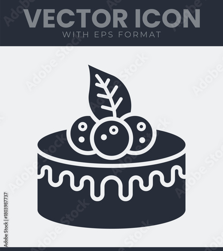 Flat vector icon of a delicious layered cake with berry and leaf garnish, topped with decorative icing, ideal for bakery branding illustration