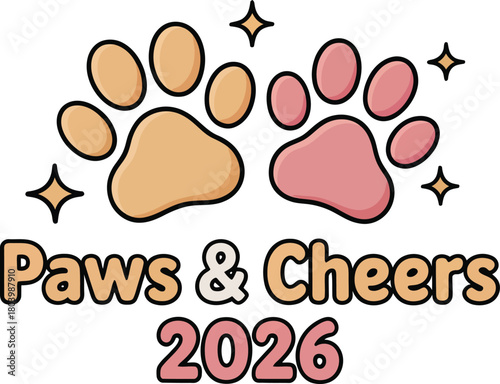 Paws and Cheers 2026 Cute Paw Print Illustration – Pet Lovers New Year Design