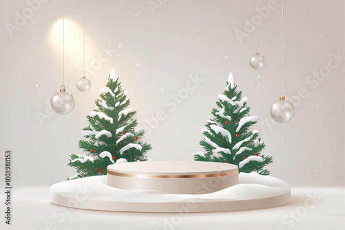 Christmas background with cylindrical podium for promotions. Round stage for presentation sale product. Stage pedestal or platform in snow between Xmas trees, glass balls hanging. Vector illustration
