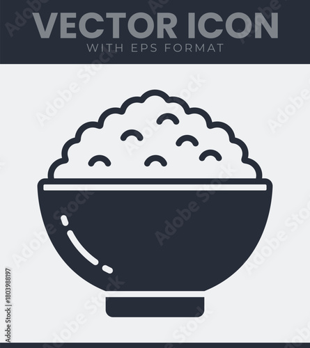 Outline vector illustration icon of a bowl of fluffy rice, a staple food, representing nutrition and asian cuisine