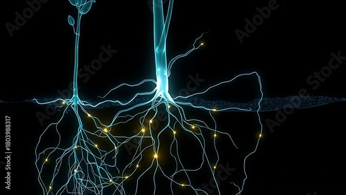 mycorrhiza. An X-ray view of plant roots unveiling a hidden glowing network weaving through the soil. bar promotions, beverage menus, designed for food & beverage menus and cafe branding.
