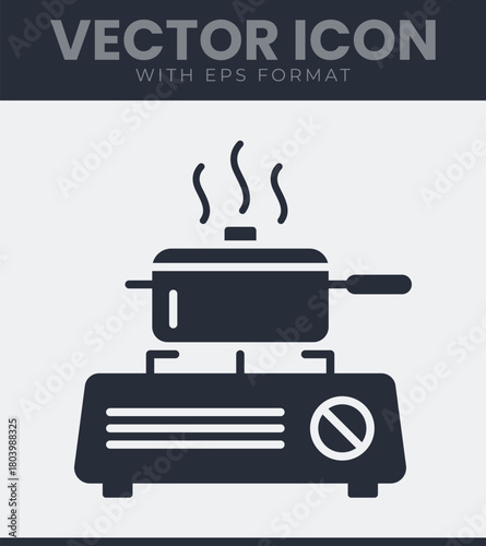 Cooking pot on stove icon with steam, representing kitchen, culinary arts, home cooking and food preparation activities vector illustration
