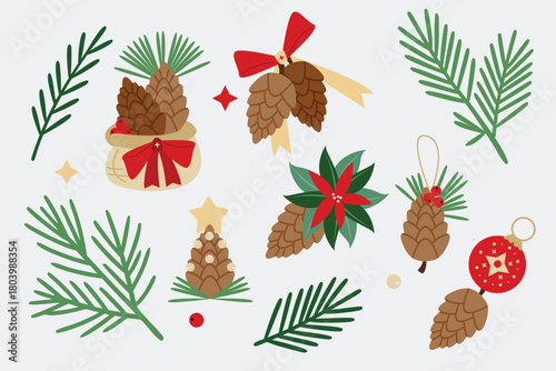 Christmas Pine Cone Decoration, Winter Flora Illustration, Pine and Spruce Branches Set, Festive Holiday Botanical Art