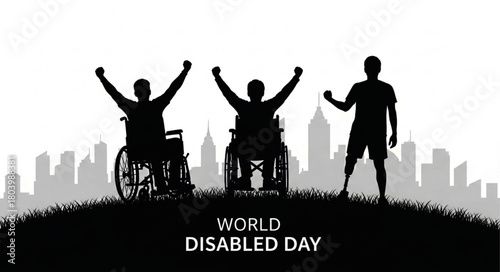 Silhouetted Figures Celebrating World Disabled Day with Cityscape Backdrop