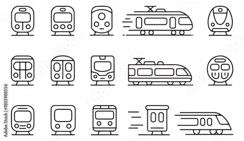 Train and rail symbol collection illustrating movement, logistics and public transit