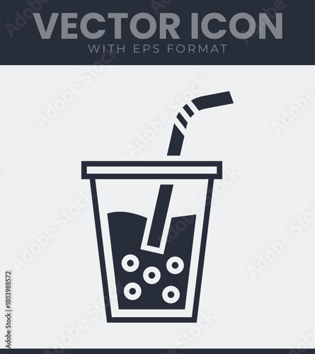 Bubble tea drink vector icon with straw and tapioca pearls, modern minimalist graphic for menu design, cafe branding vector illustration
