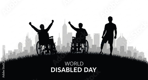 Silhouette of Three People Celebrating World Disabled Day with Cityscape Background