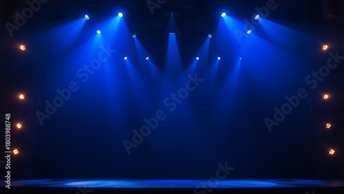 decibel. Concert stage with dramatic blue spotlight effect and atmospheric glow. event programs, museum guides, designed for cultural heritage projects and event programs, preserves heritage.