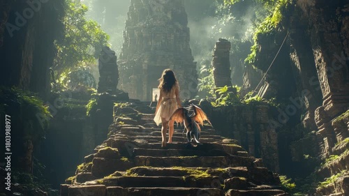 young adventurer girl leading a small dragon through ancient ruins, mossy stones, mysterious atmosphere