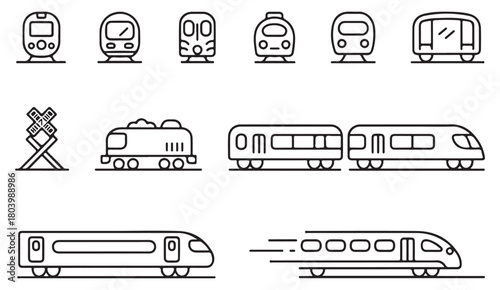 Line icons of subway, cargo and passenger trains for transit and travel infographics