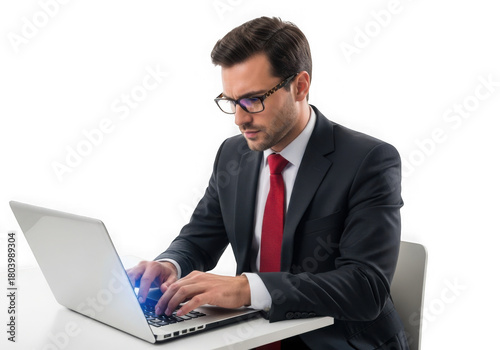 Businessman wearing glasses and red tie working diligently on a laptop isolated on transparent background
