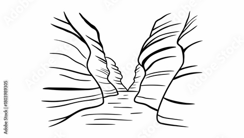 Minimilist illustration of a canyon with layered rock formations and a narrow stream flowing through the middle ground vector