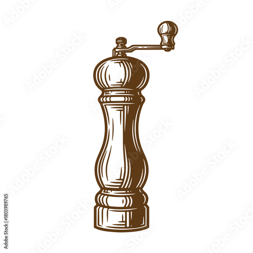 Vintage sketch illustration of a traditional wooden pepper mill for culinary usage