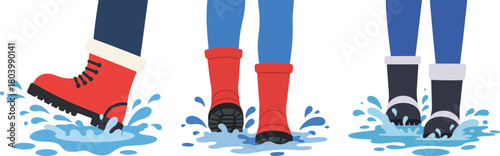 Three pairs of feet splashing in puddles wearing colorful rain boots, a vibrant scene highlighting outdoor fun during a rainy day, isolated on a transparent background