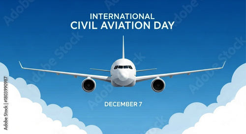 Commercial Airplane Flying in Blue Sky with Clouds Illustration