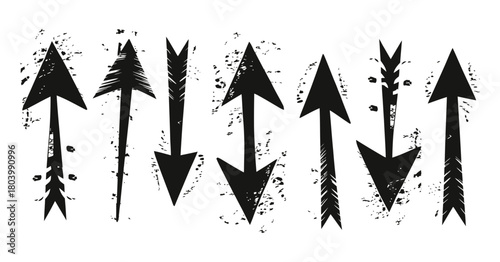 Distressed grunge arrows vector set, pointing in various directions including up, down, and bidirectional, with a textured, rustic, hand-drawn style