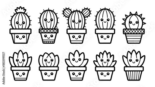 Cute cartoon potted cacti and succulents collection with smiling faces, kawaii doodle style vector illustration for kids and playful designs.