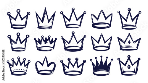 Varied collection of hand-drawn crown icons in a doodle sketch style, perfect for symbolizing royalty, success, leadership, and achievement on white