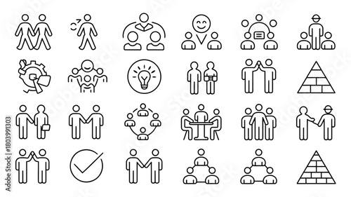 Outline icons of people, teamwork, collaboration, business, organization, communication, social networks, human interaction, group dynamics, and leadership concepts.