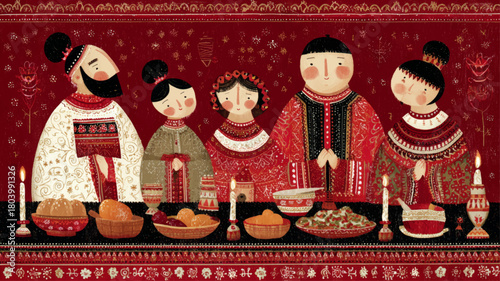 Traditional Orthodox Christmas family feast illustration with ornate Slavic embroidery patterns and warm candlelit winter holiday atmosphere for seasonal presentations.