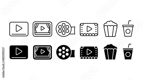 Collection of modern vector cinema, movie, and entertainment icons with play buttons, film reels, screens, popcorn, and drinks, perfect for digital media apps and websites