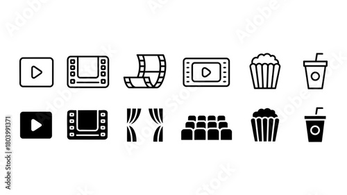 Movie and cinema entertainment icon set featuring film reels, play buttons, popcorn, drinks, theater seats, stage curtains. vector graphic symbols.